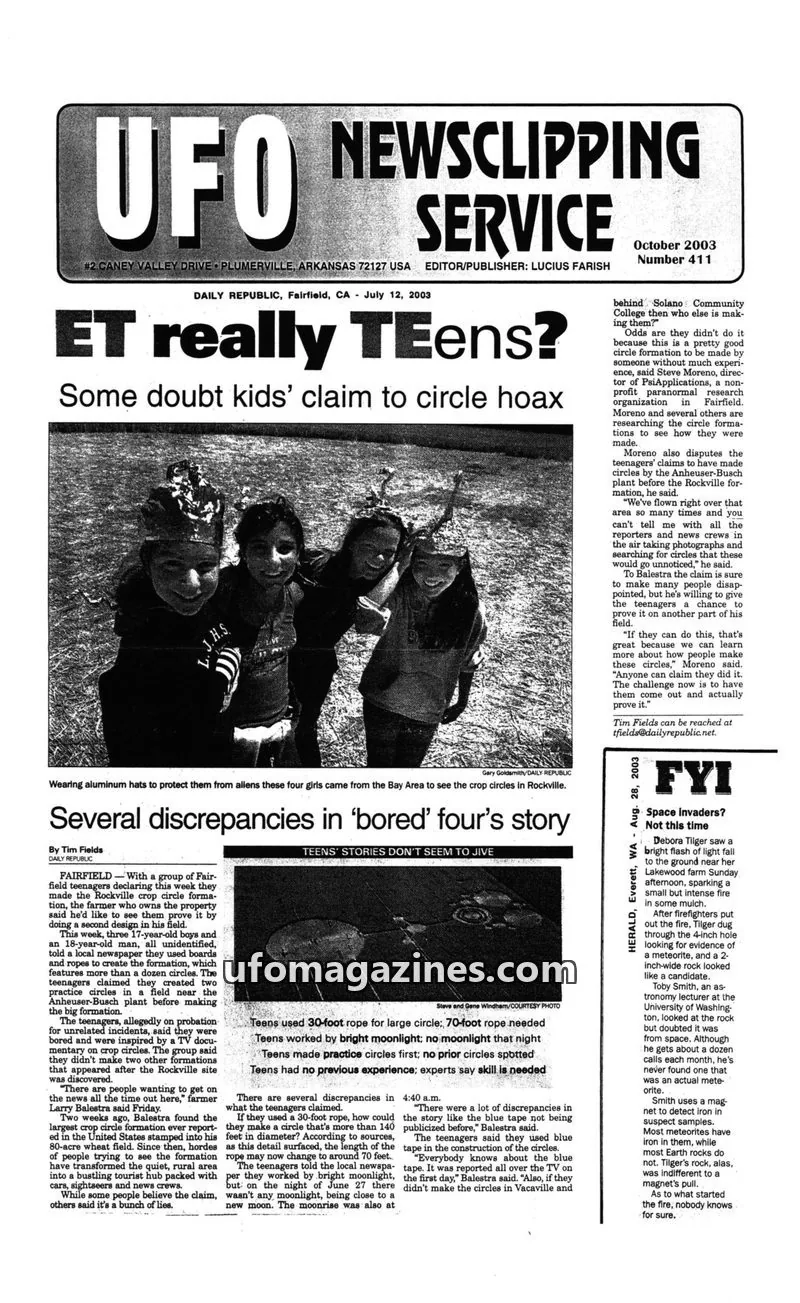 Cover of UFO Newsclipping Service issue Number 411: UFO NEWSCLIPPING SERVICE