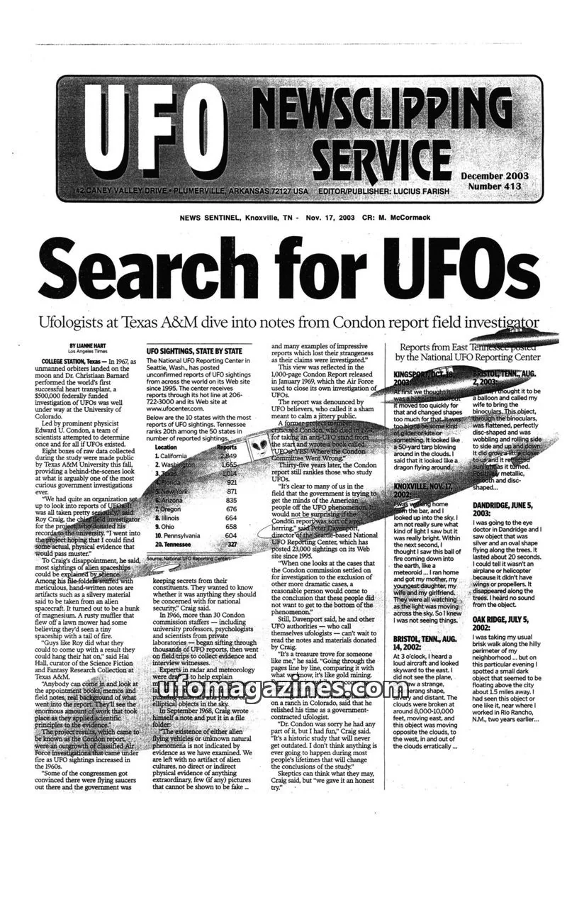 Cover of UFO Newsclipping Service issue Number 413: UFO NEWSCLIPPING SERVICE