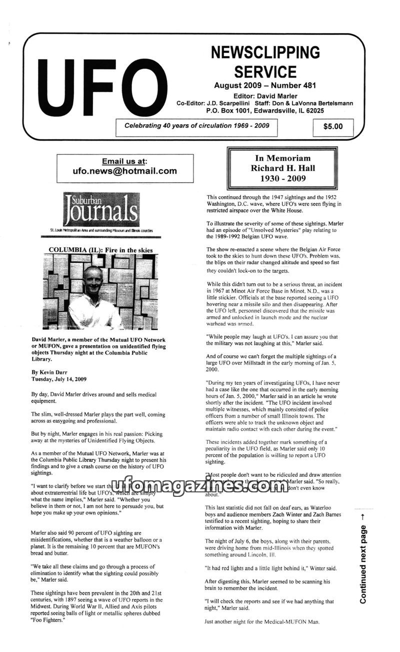 Cover of UFO Newsclipping Service - 2009 08 - no 481