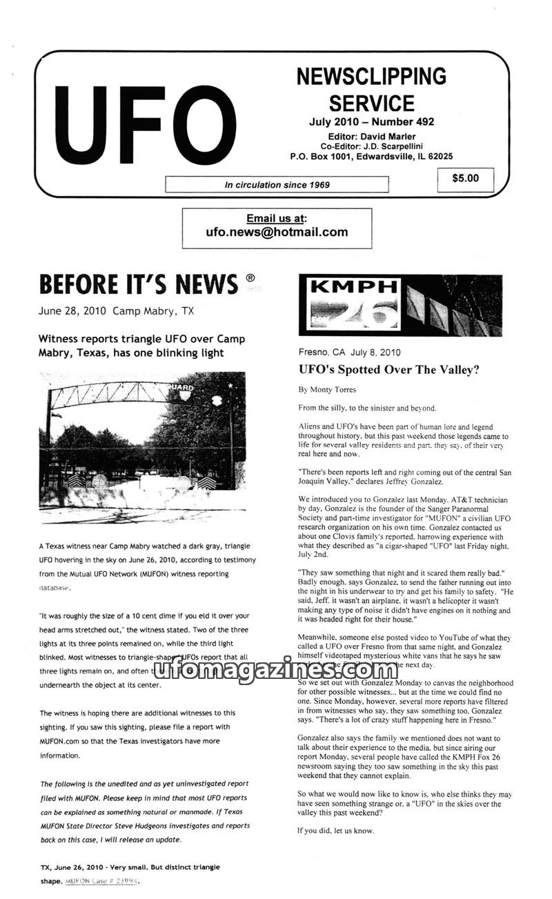Cover of UFO Newsclipping Service - 2010 07 - no 492