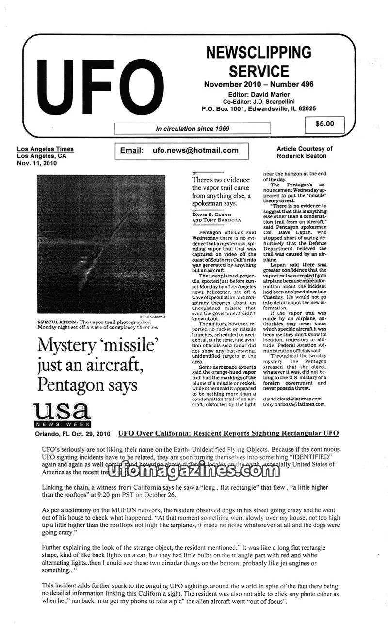 Cover of UFO NEWSCLIPPING SERVICE issue Number 496: UFO NEWSCLIPPING SERVICE