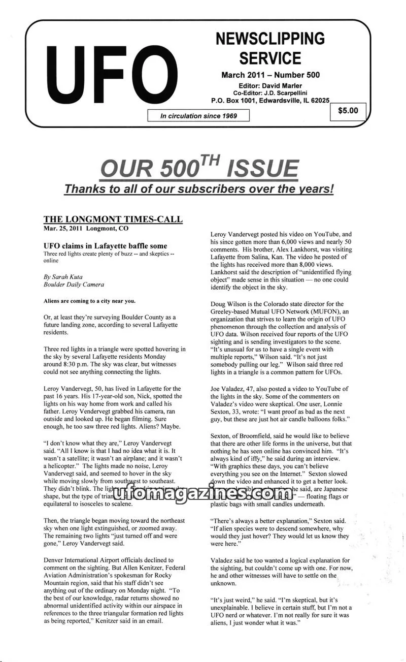 Cover of UFO NEWSCLIPPING SERVICE issue Number 500: UFO NEWSCLIPPING SERVICE