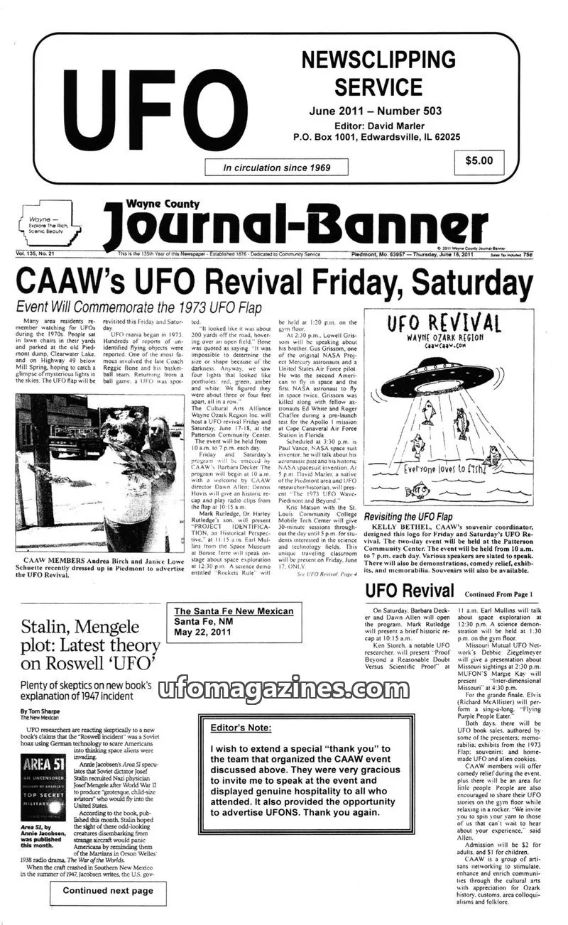 Cover of UFO Newsclipping Service issue Vol. 135, No. 21: Wayne County Journal-Banner