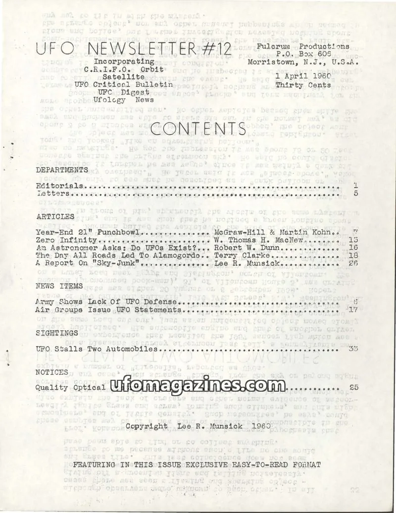 Cover of UFO Newsletter (North Jersey UFO Group UFO, Lee Munsick) issue #12: UFO NEWSLETTER
