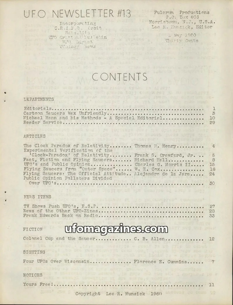 Cover of UFO Newsletter (North Jersey UFO Group UFO, Lee Munsick) issue #13: UFO NEWSLETTER