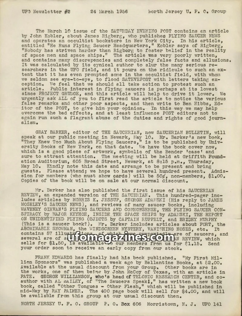 Cover of North Jersey U. F. O. Group issue #2: UFO Newsletter