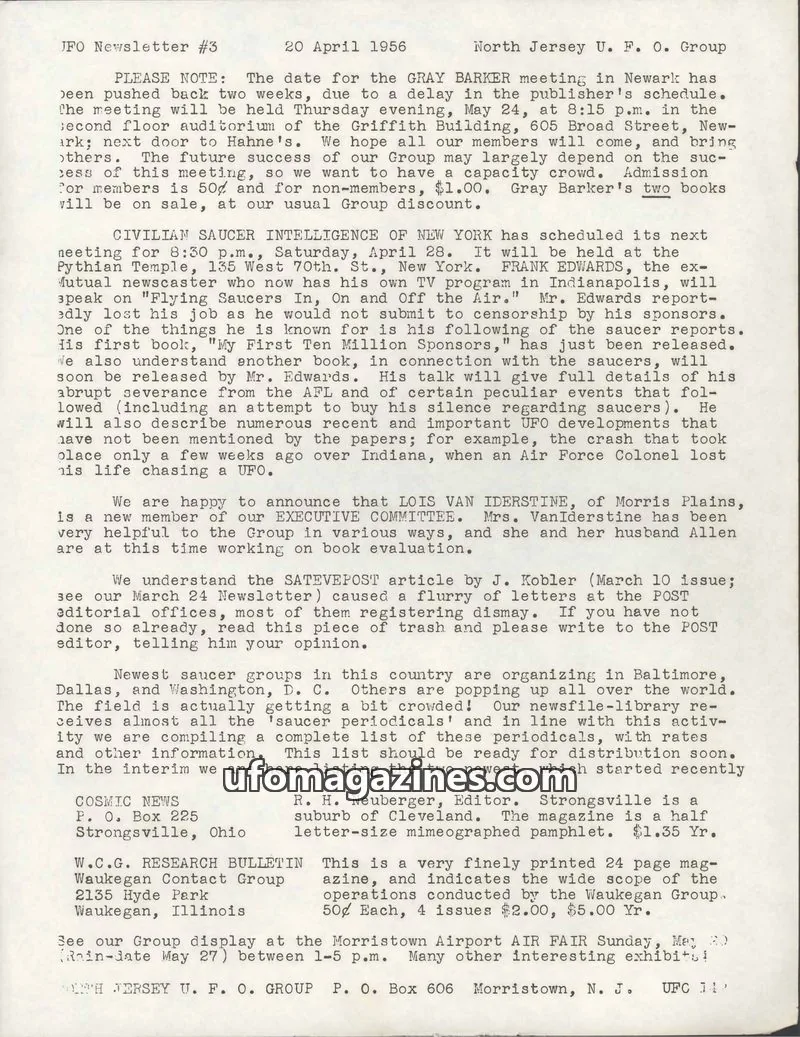 Cover of North Jersey U. F. O. Group issue #3: JFO Newsletter
