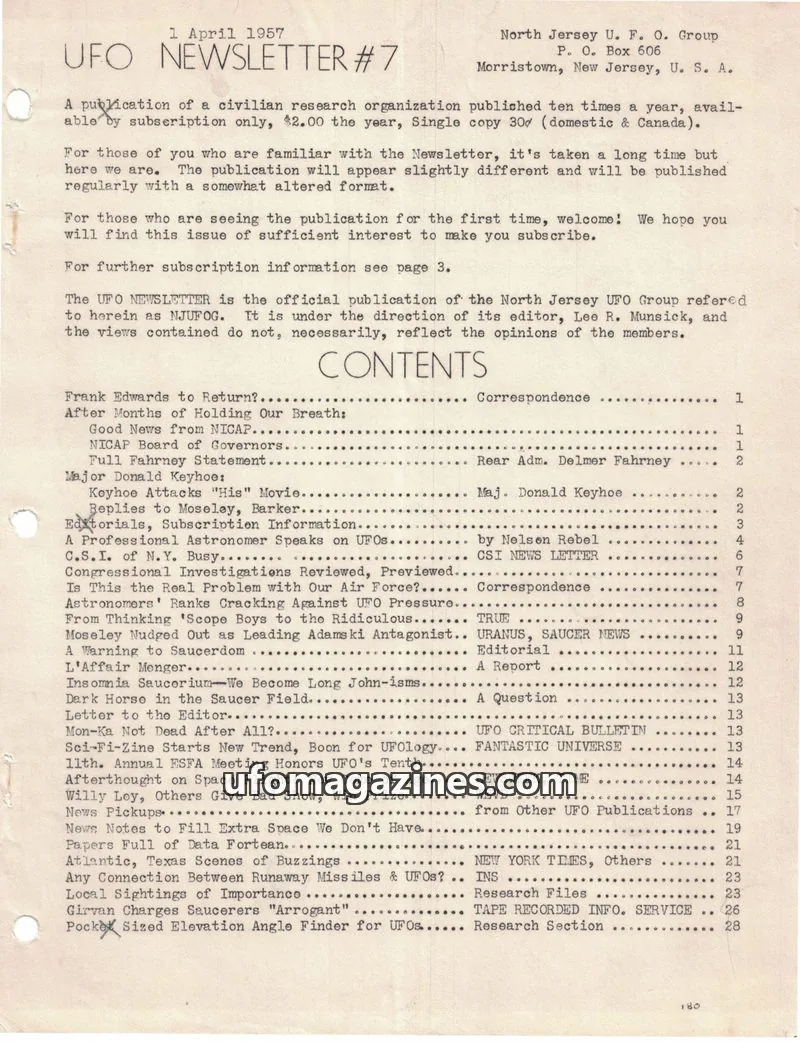 Cover of North Jersey U. F. O. Group issue #7: UFO NEWSLETTER