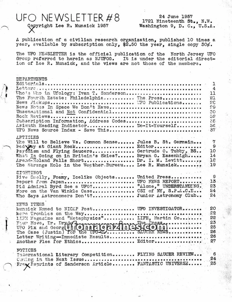 Cover of UFO Newsletter (North Jersey UFO Group UFO, Lee Munsick) issue #8: UFO NEWSLETTER