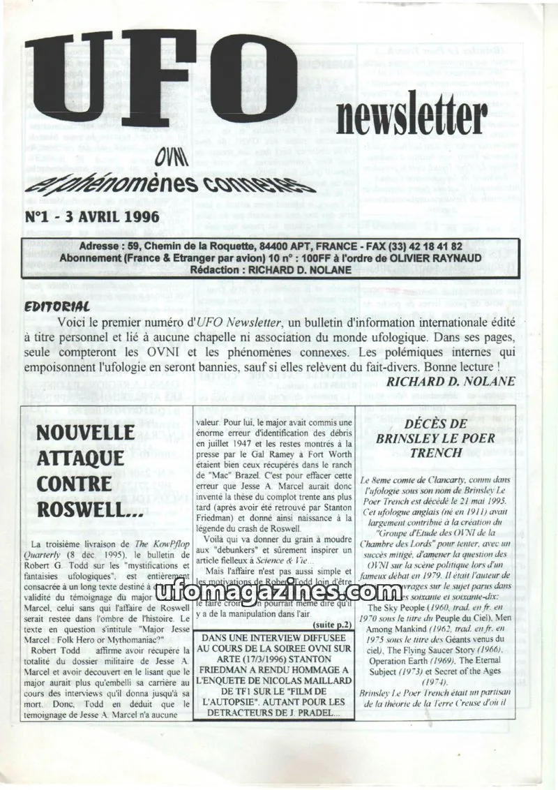 Cover of UFO Newsletter (Richard Nolane) issue 1: UFO newsletter