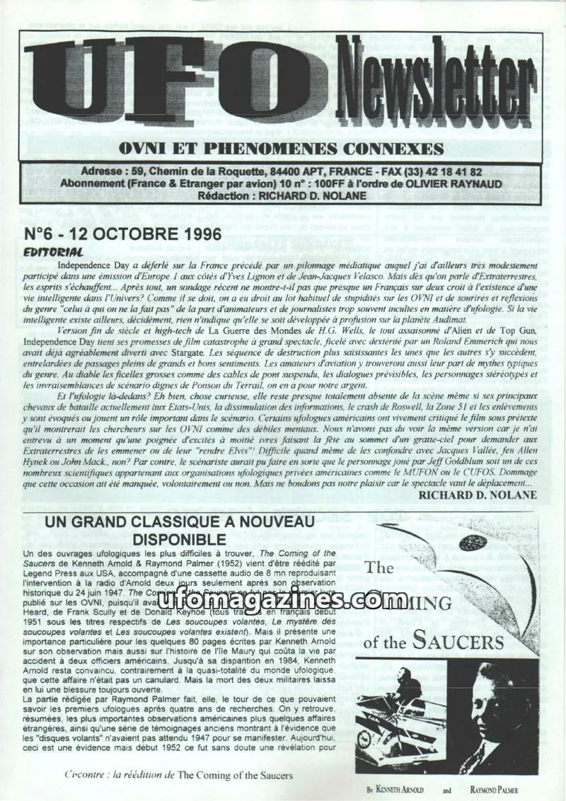 Cover of UFO Newsletter (Richard Nolane) issue 6: UFO Newsletter