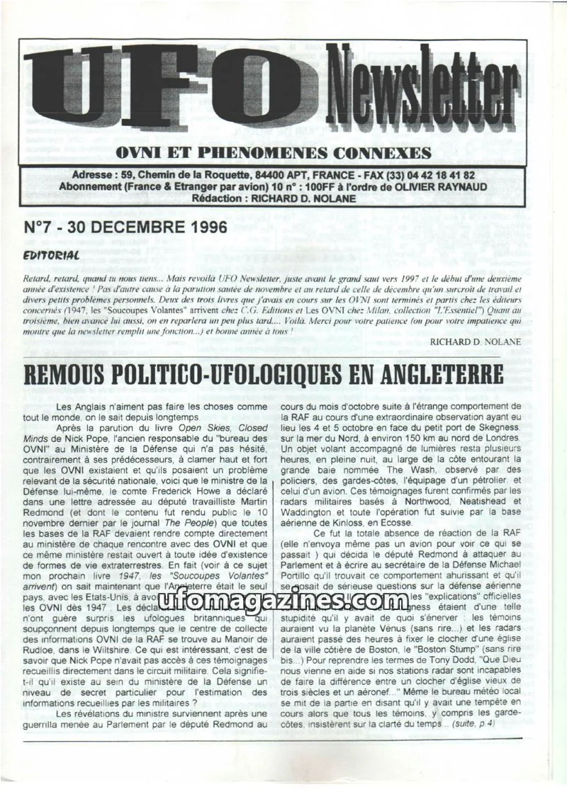 Cover of UFO Newsletter (Richard Nolane) issue N°7: UFO Newsletter