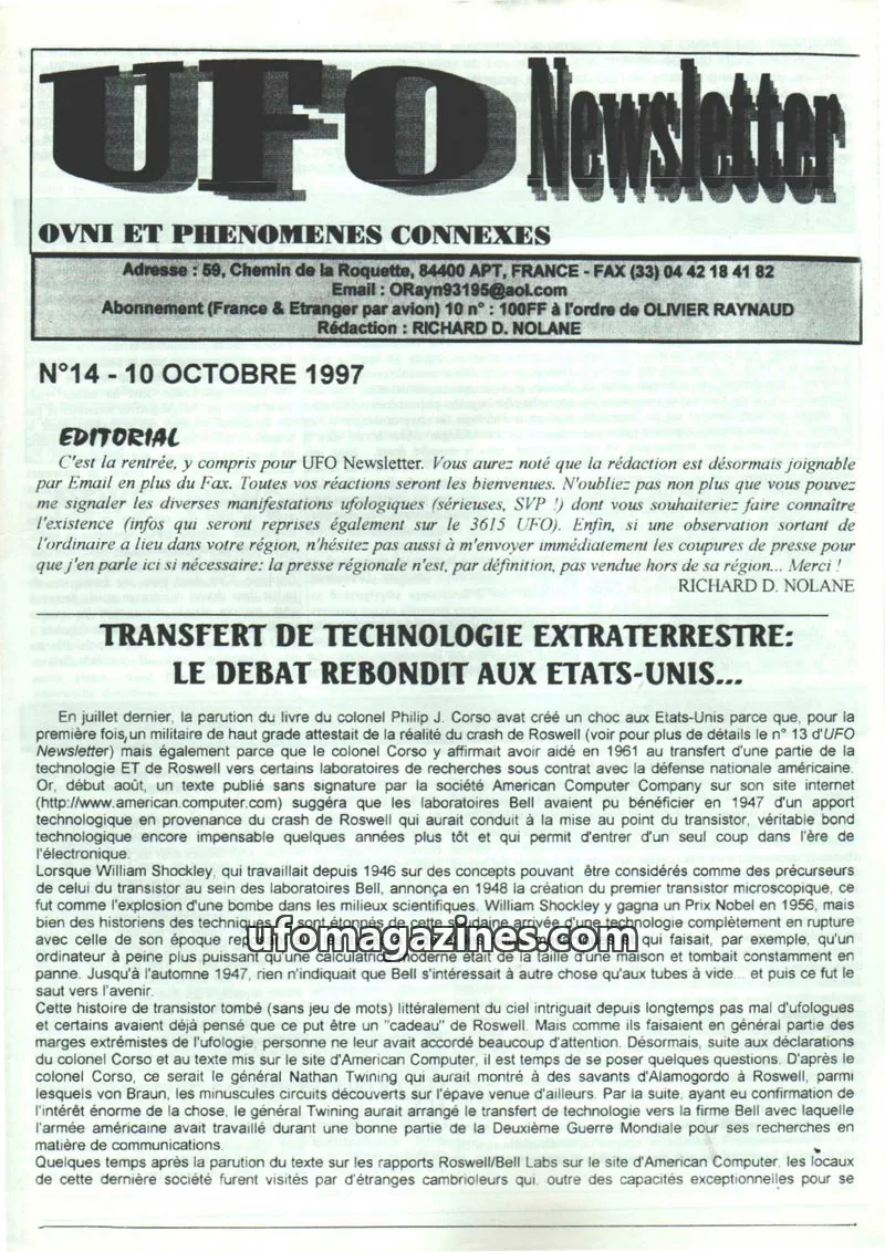 Cover of UFO Newsletter (Richard Nolane) issue 14: UFO Newsletter