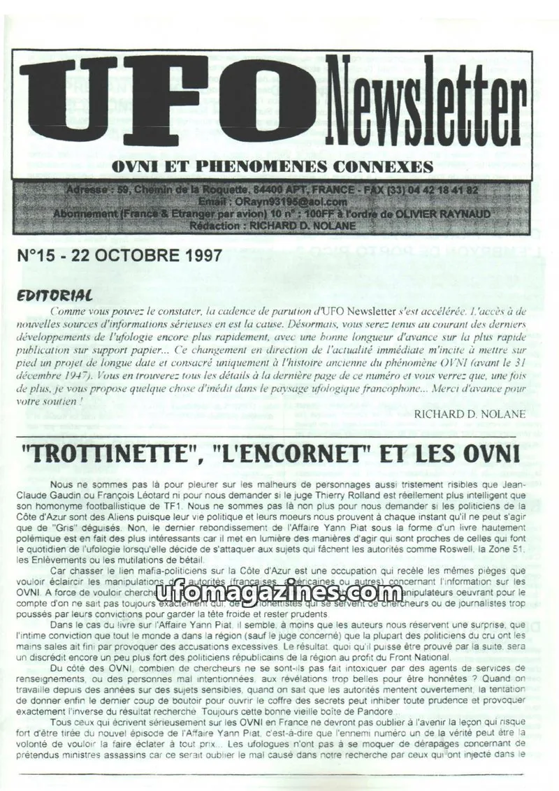 Cover of UFO Newsletter (Richard Nolane) issue 15: UFO Newsletter