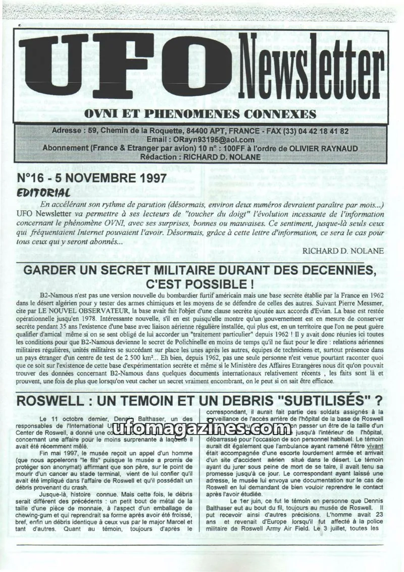 Cover of UFO Newsletter (Richard Nolane) issue 16: UFO Newsletter