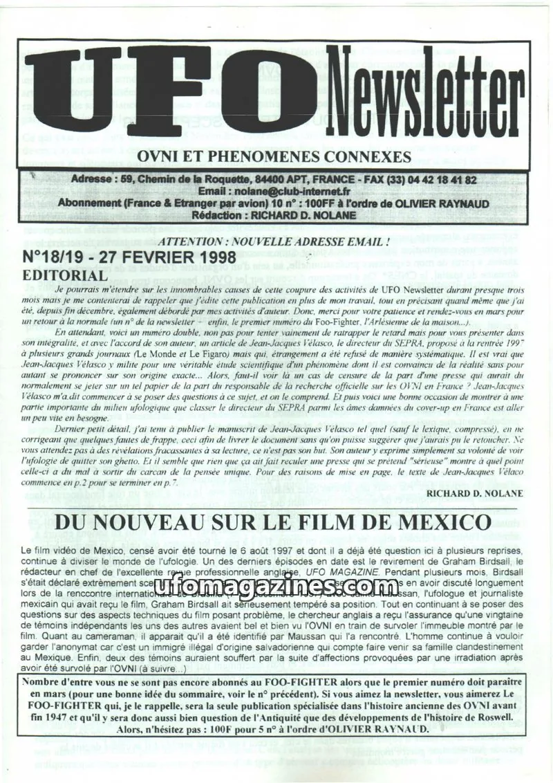 Cover of UFO Newsletter (Richard Nolane) issue 18/19: UFO Newsletter