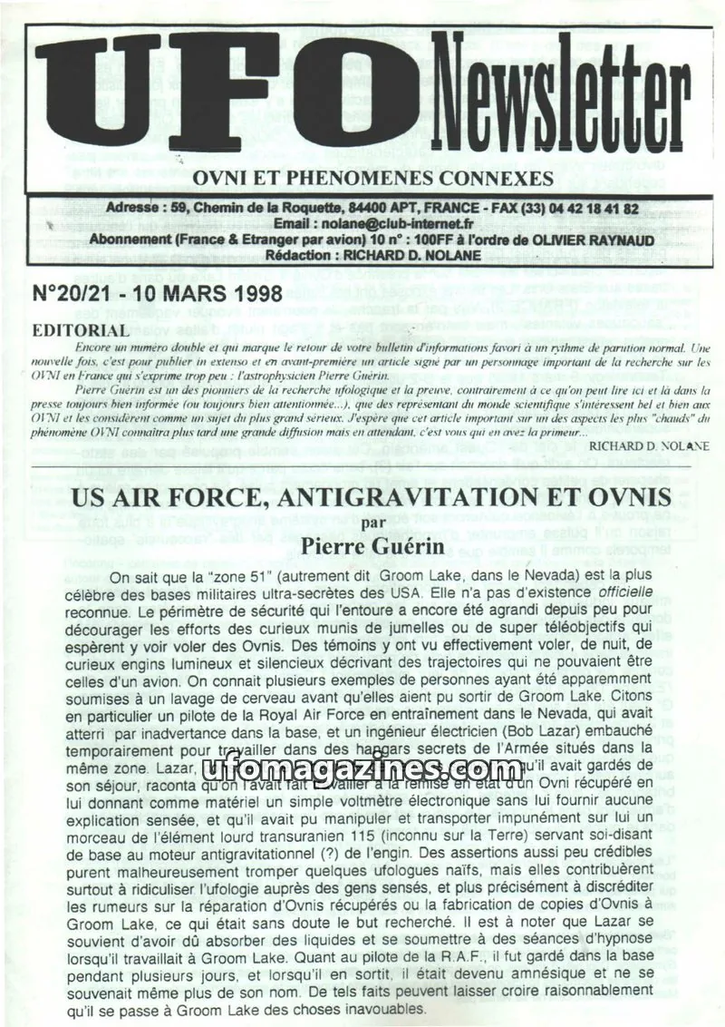 Cover of UFO Newsletter (Richard Nolane) issue N°20/21: UFO Newsletter