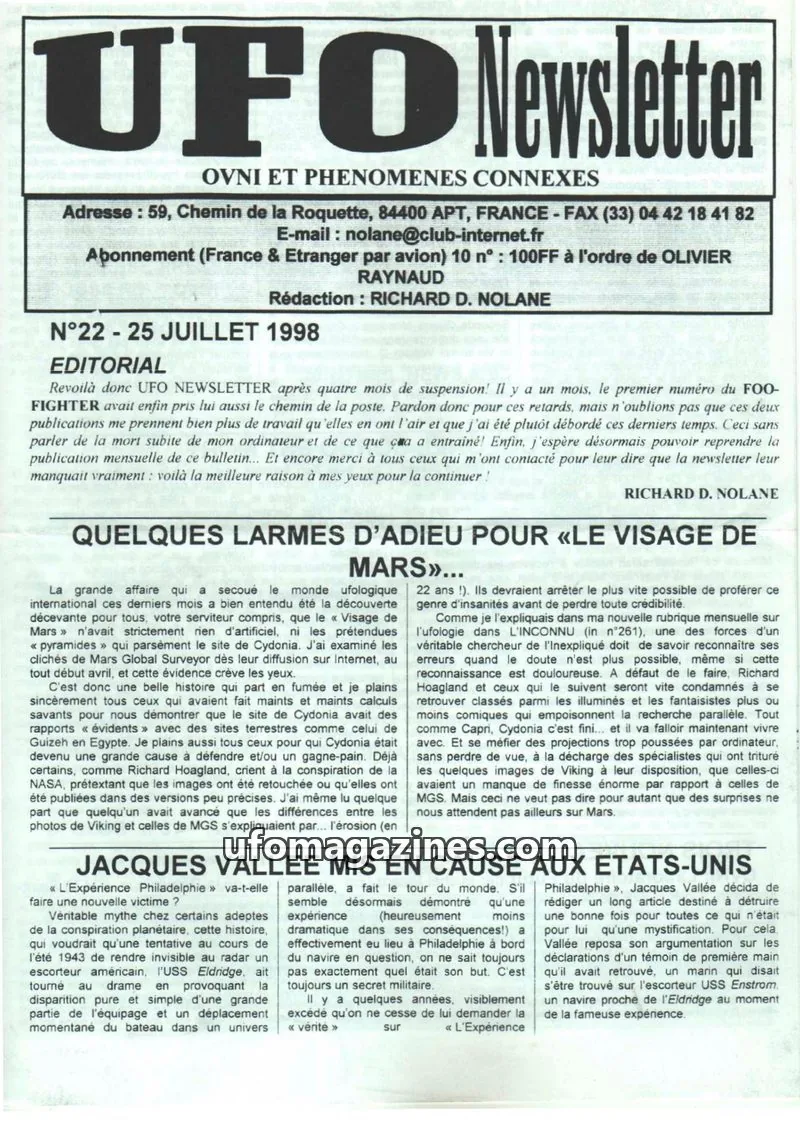 Cover of UFO Newsletter (Richard Nolane) issue 22: UFO Newsletter