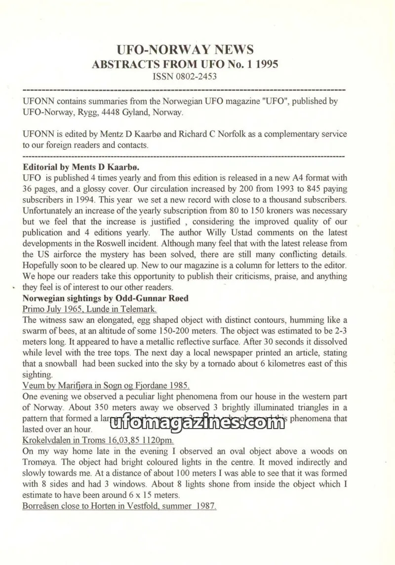 Cover of UFO-Norway News (English language) issue No. 1 1995: UFO-NORWAY NEWS