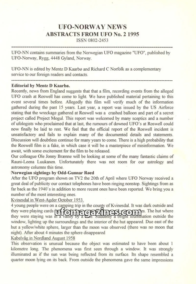 Cover of UFO-Norway News (English language) issue No. 2 1995: UFO-NORWAY NEWS