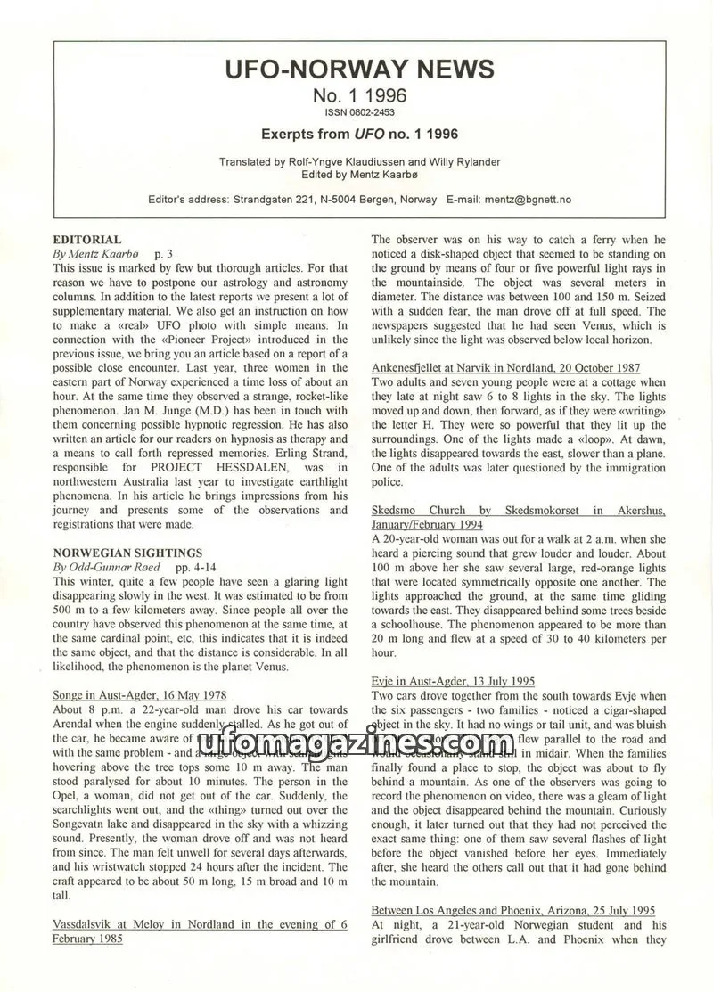 Cover of UFO-Norway News (English language) issue 1 1996: UFO-NORWAY NEWS