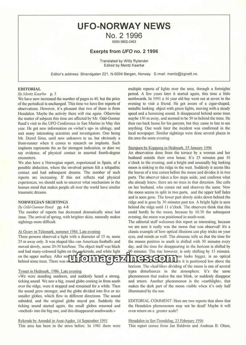 Cover of UFO-Norway News (English language) issue 2 1996: UFO-NORWAY NEWS