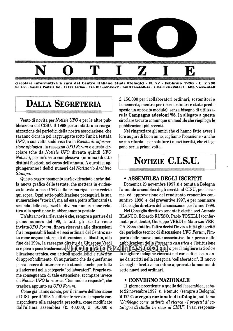 Cover of UFO Notizie (CISU) issue 57: UFO NOTIZIE