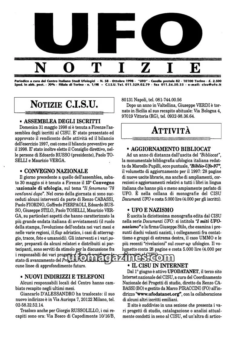 Cover of UFO Notizie (CISU) issue 58: UFO NOTIZIE