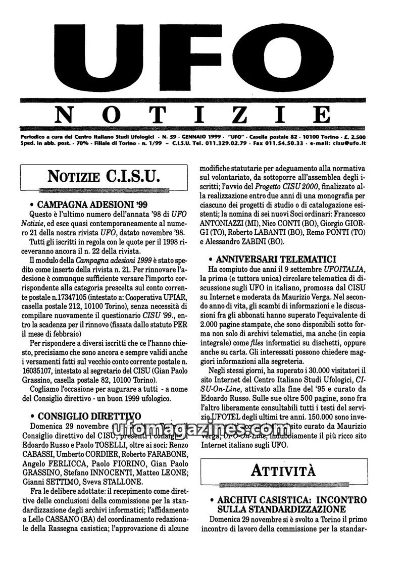 Cover of UFO Notizie (CISU) issue 59: UFO NOTIZIE
