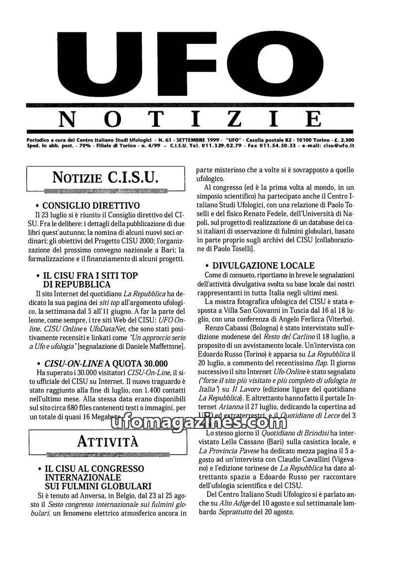 Cover of UFO Notizie (CISU) issue 61: UFO NOTIZIE