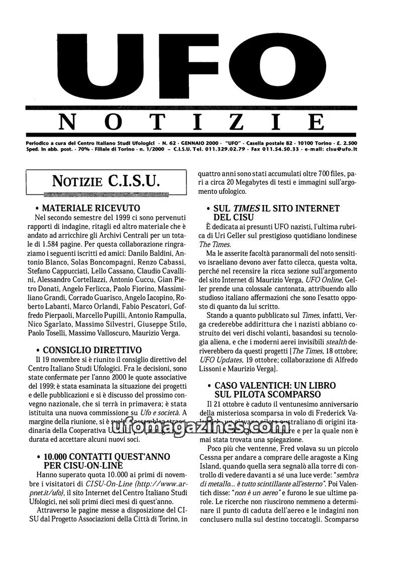 Cover of UFO Notizie (CISU) issue 62: UFO NOTIZIE