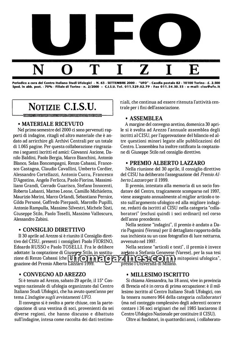 Cover of UFO Notizie (CISU) issue 63: UFO NOTIZIE