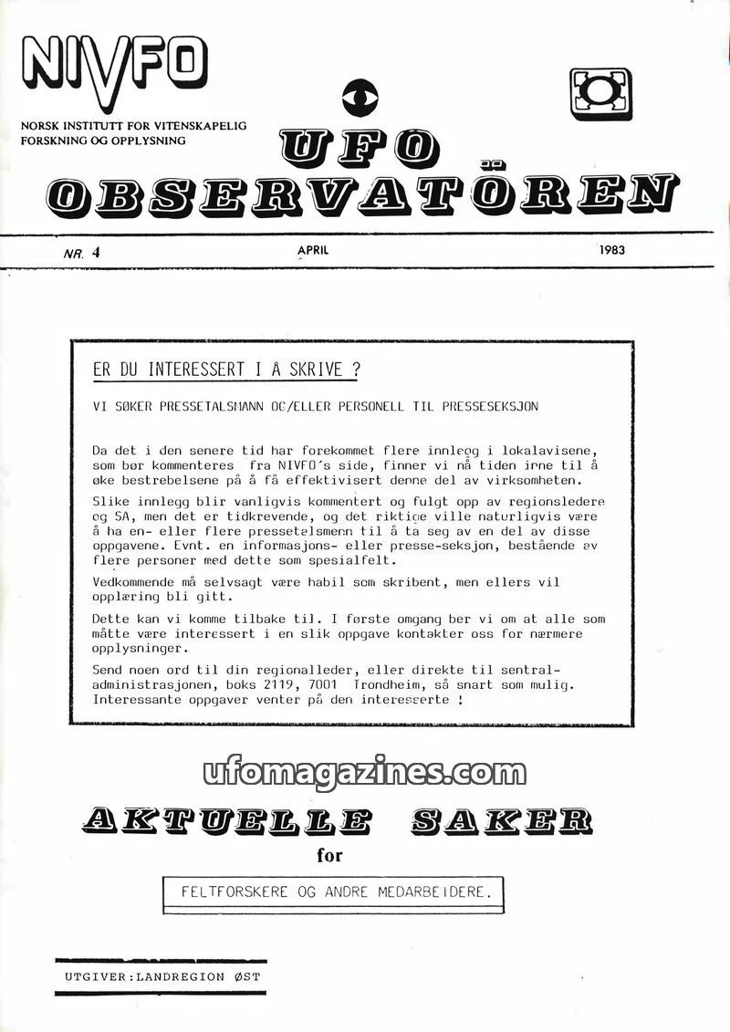 Cover of NIVFO issue 4: UFO OBSERVATØREN