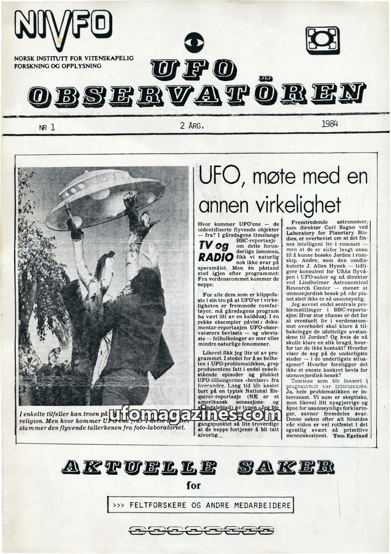 Cover of UFO-Observatoren issue 1: UFO OBSERVATØREN