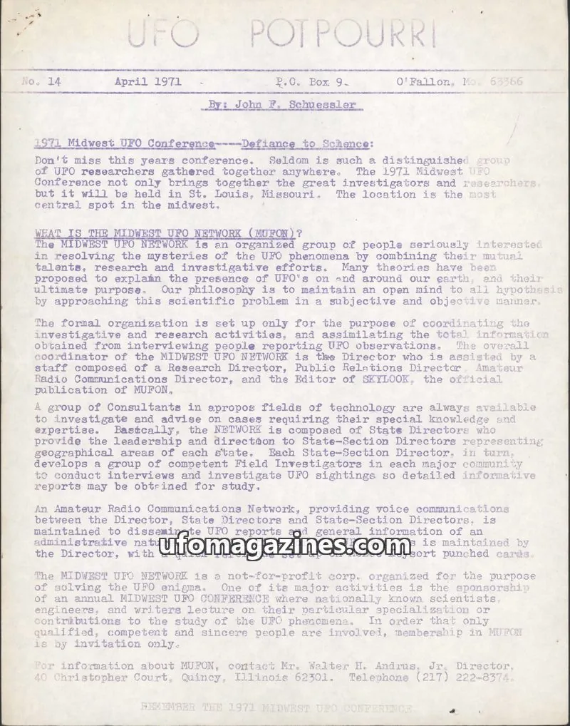Cover of UFO Potpourri (John Schuessler) issue No. 14: UFO POTPOURRI