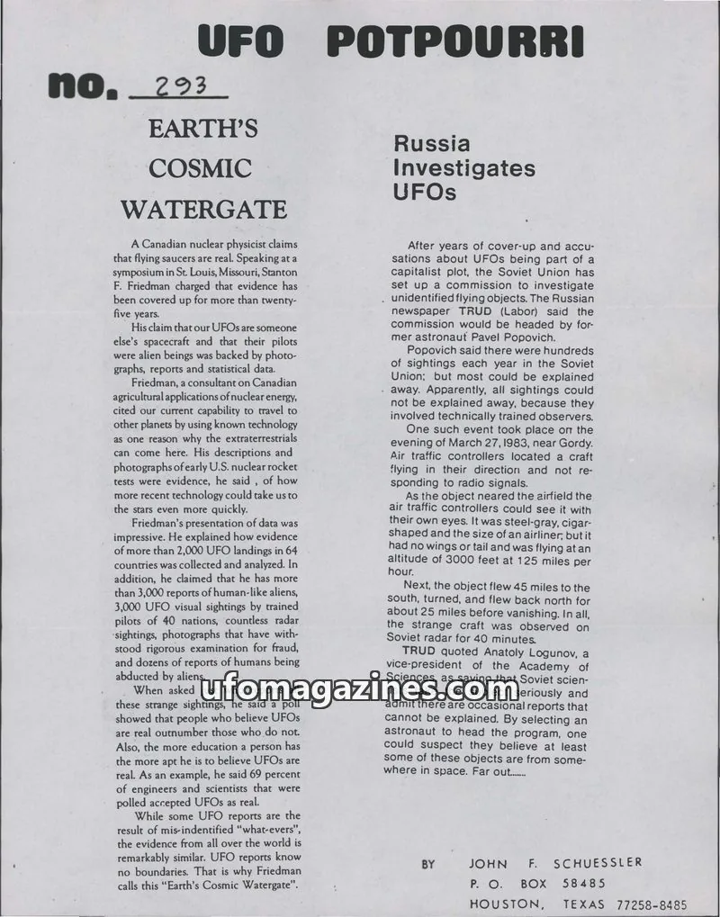 Cover of UFO Potpourri (John Schuessler) issue 293: UFO POTPOURRI