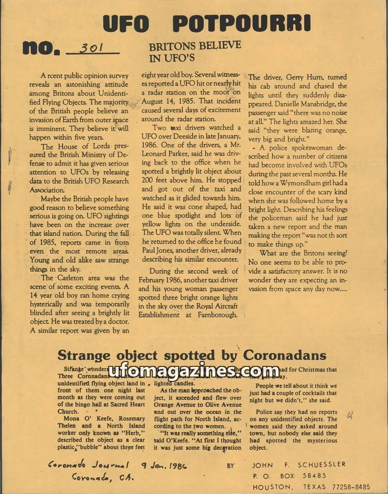 Cover of UFO Potpourri (John Schuessler) issue 301: UFO POTPOURRI