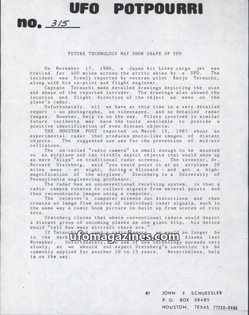 Cover of UFO Potpourri (John Schuessler) issue 315: UFO POTPOURRI