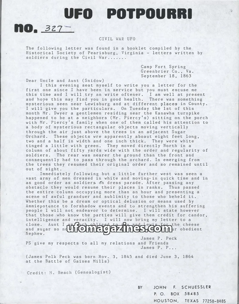 Cover of UFO Potpourri (John Schuessler) issue no. 327: UFO POTPOURRI