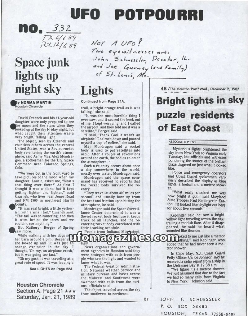 Cover of UFO Potpourri (John Schuessler) issue 332: UFO POTPOURRI