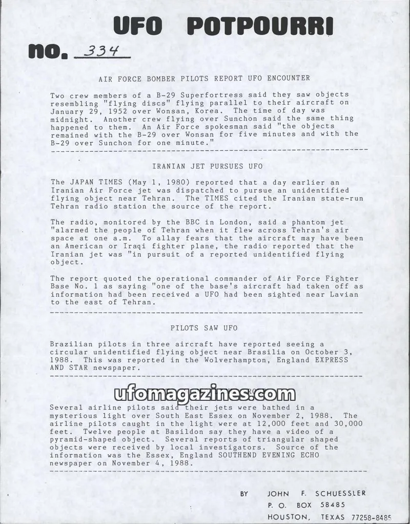 Cover of UFO Potpourri (John Schuessler) issue 334: UFO POTPOURRI