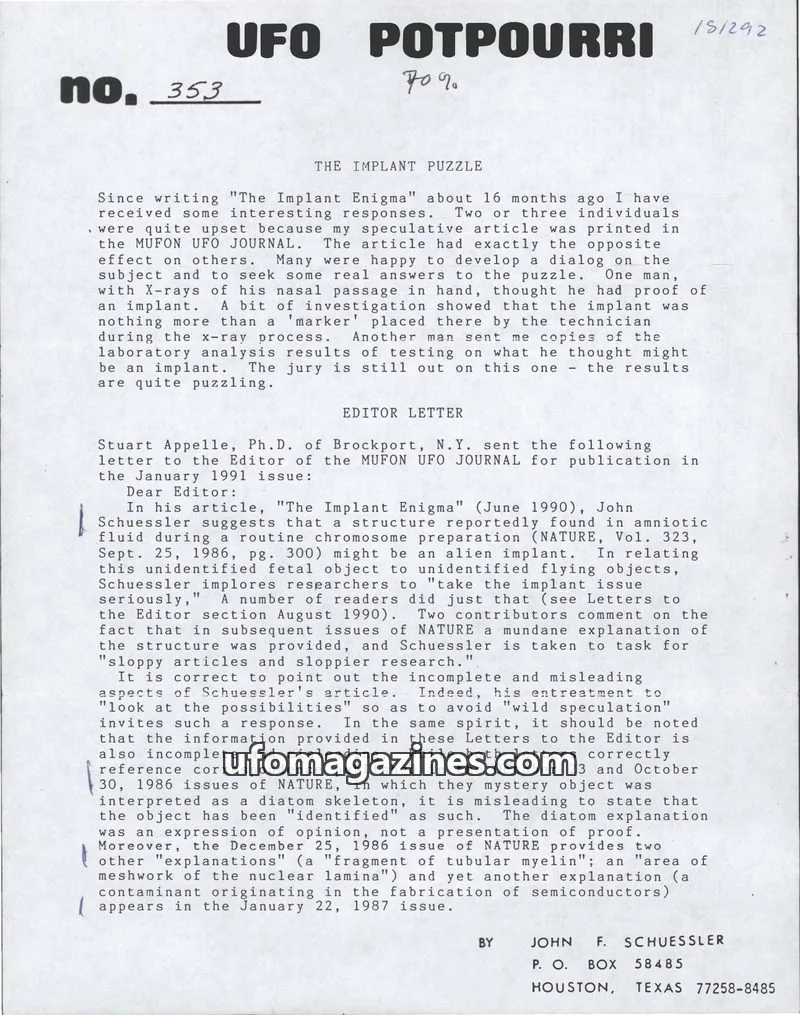 Cover of UFO Potpourri (John Schuessler) issue 353: UFO POTPOURRI