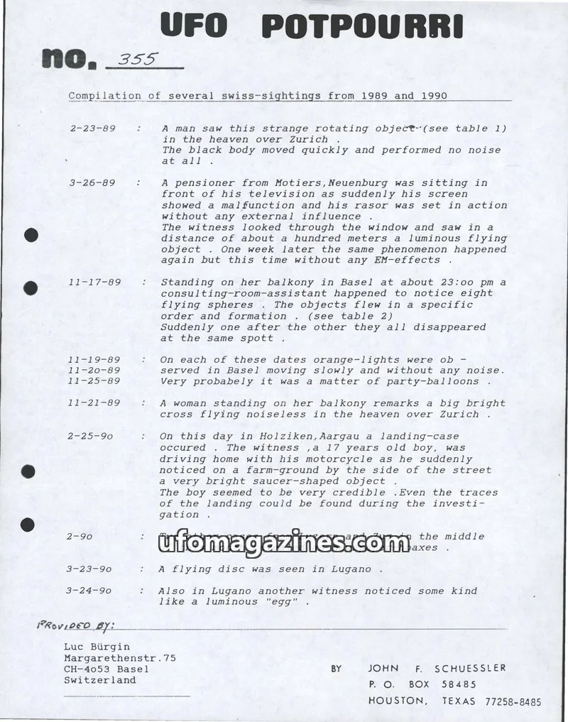 Cover of UFO Potpourri (John Schuessler) issue 355: UFO POTPOURRI