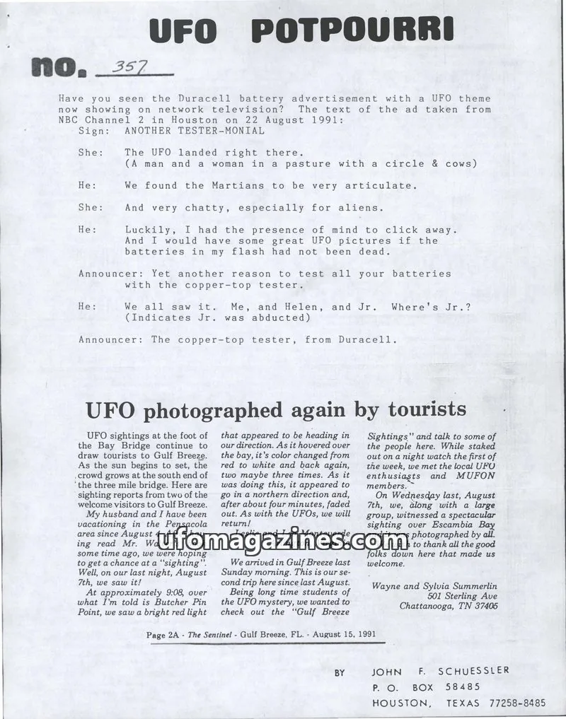 Cover of UFO Potpourri (John Schuessler) issue no. 357: UFO POTPOURRI