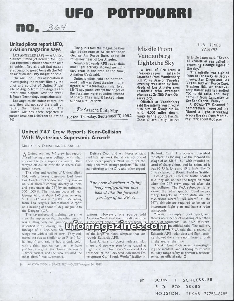 Cover of UFO Potpourri (John Schuessler) issue 364: UFO POTPOURRI