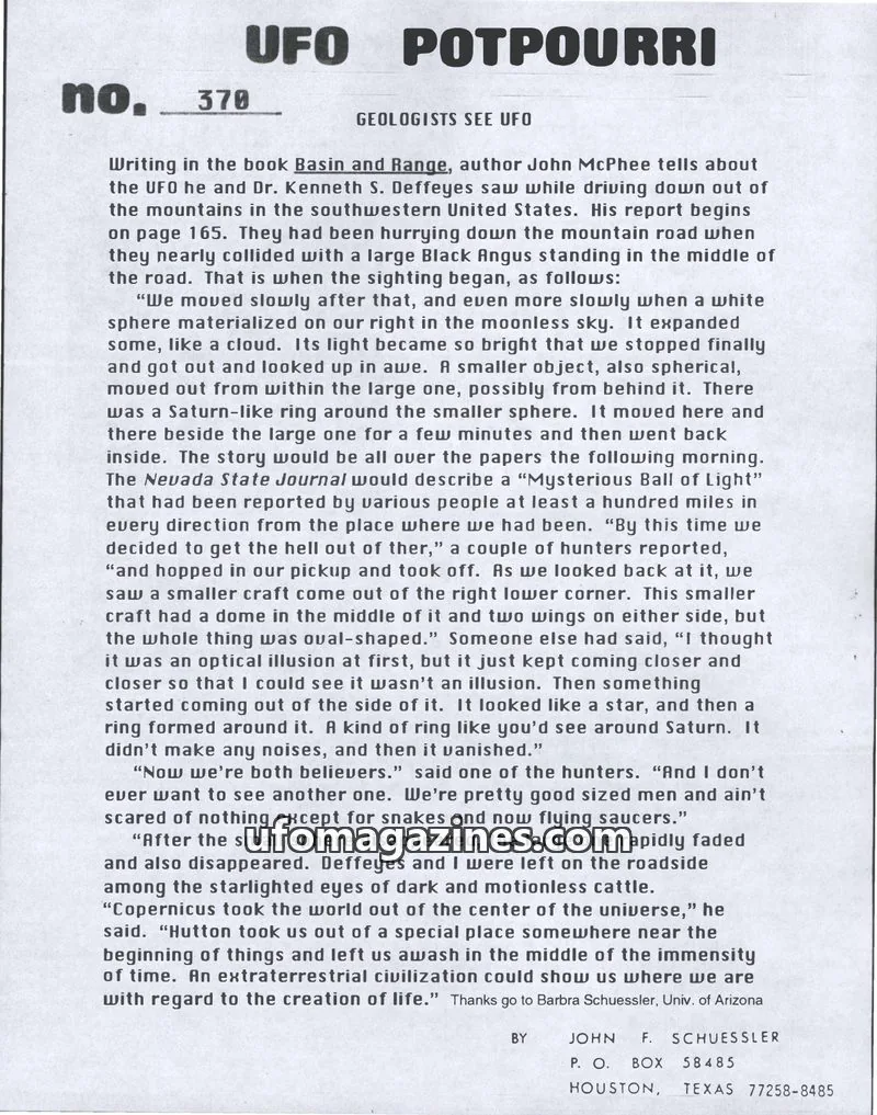Cover of UFO Potpourri (John Schuessler) issue 370: UFO POTPOURRI