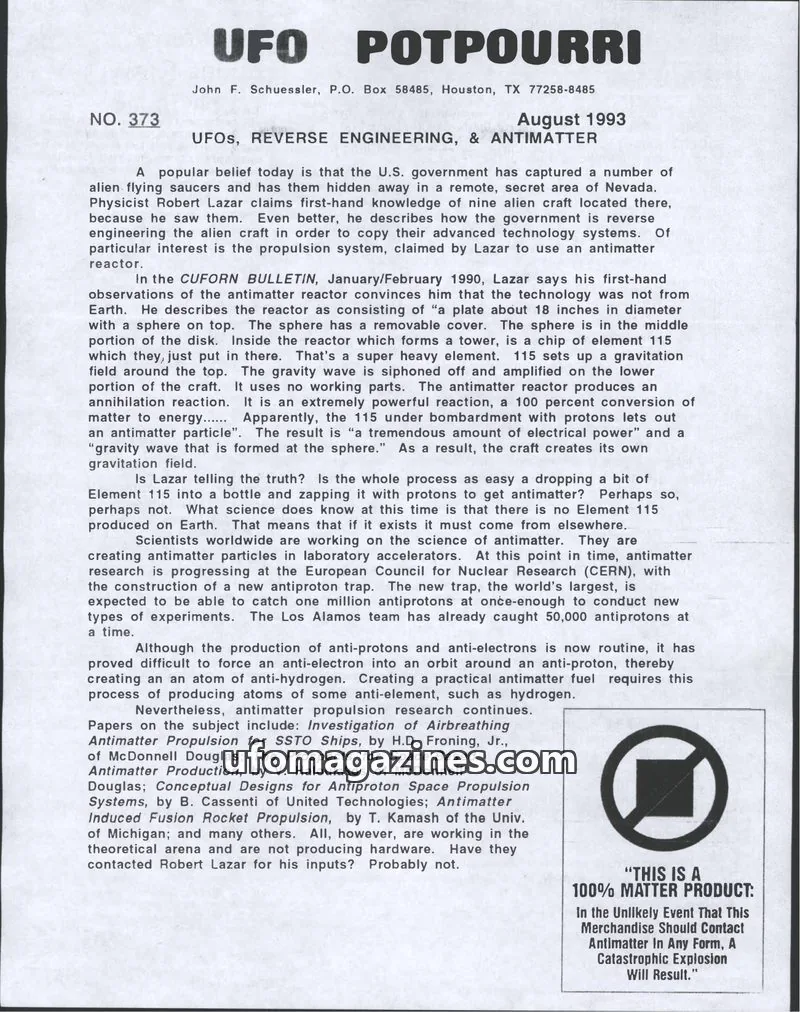 Cover of UFO Potpourri (John Schuessler) issue 373: UFO POTPOURRI