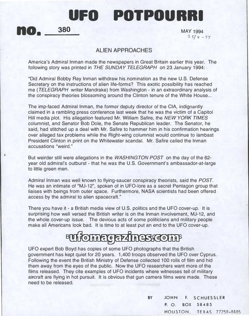 Cover of UFO Potpourri (John Schuessler) issue 380: UFO POTPOURRI