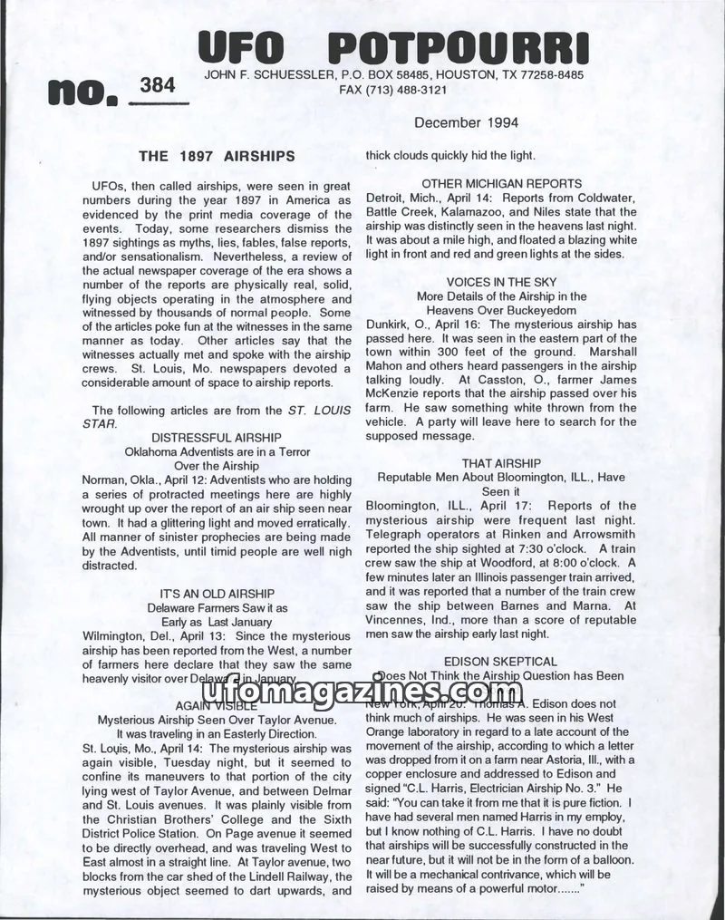 Cover of UFO Potpourri (John Schuessler) issue 384: UFO POTPOURRI