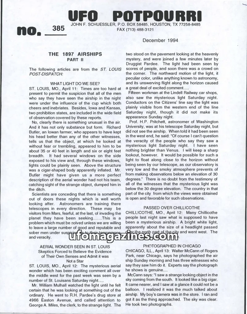 Cover of UFO Potpourri (John Schuessler) issue 385: UFO POTPOURRI